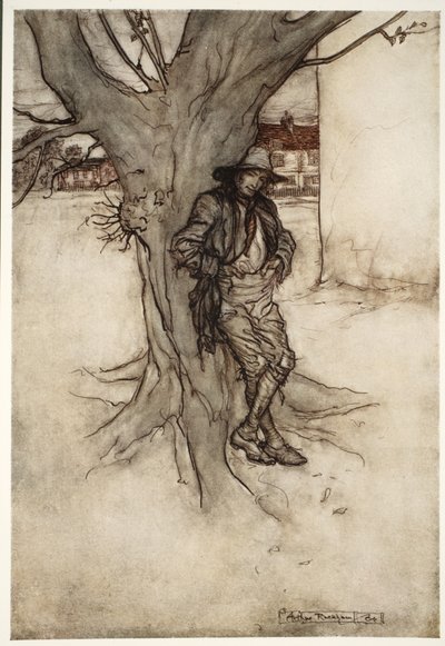 Rips zoon, een nauwkeurig evenbeeld van zichzelf, zoals hij de berg op ging., uit Rip Van Winkle door Washington Irving, pub. 1910 door Arthur Rackham