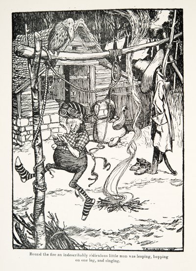Rond het vuur sprong een onbeschrijfelijk belachelijk mannetje op één been en zong, uit De Sprookjes van de Gebroeders Grimm, uitgegeven 1909 door Arthur Rackham