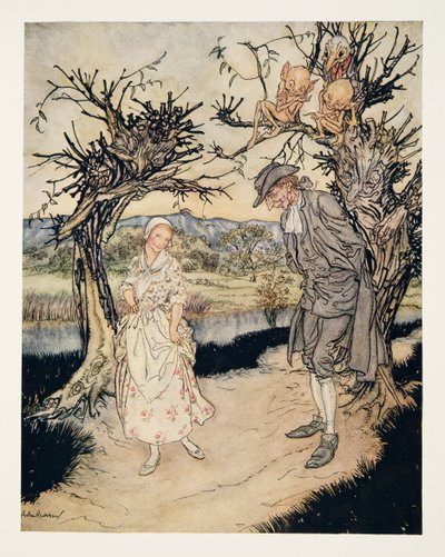 Slenterend in de schemering, uit De Legende van Sleepy Hollow door Washington Irving (1783 - 1859), pub. 1928 door Arthur Rackham