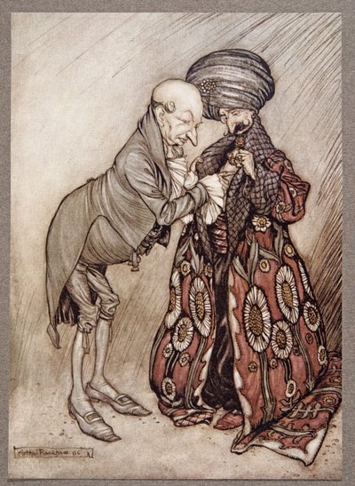 Schudde zijn kale hoofd en mompelde, Koud, heel koud, uit Peter Pan in Kensington Gardens door J M Barrie (1860 - 1937), pub. 1906 door Arthur Rackham