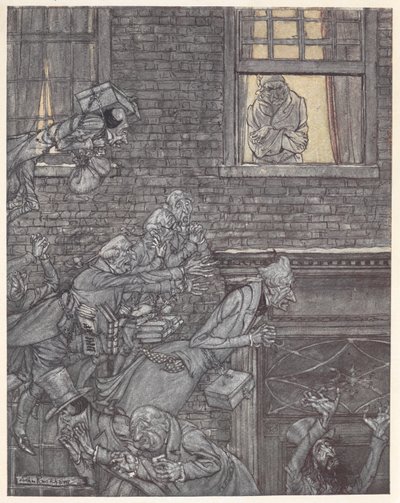 Scrooge bij zijn raam die naar geesten op straat kijkt door Arthur Rackham