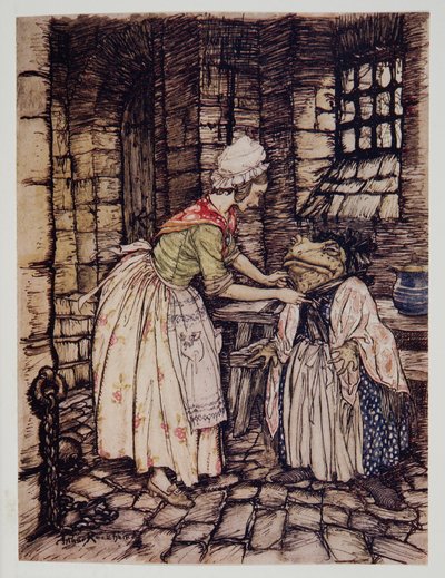 Ze schikte de sjaal met een professionele plooi en knoopte de touwtjes van de roestige bonnet onder zijn kin, uit Wind in the Willows van Kenneth Grahame, pub. 1940 door Arthur Rackham