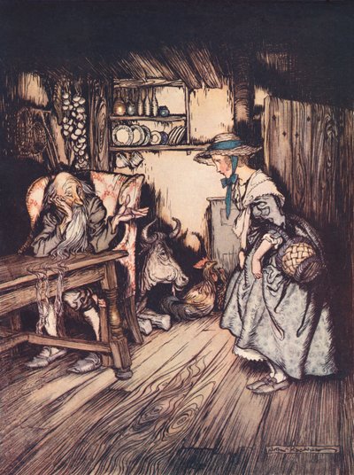 Ze smeekte heel mooi om daar de nacht te mogen doorbrengen. Illustratie door Arthur Rackham uit Grimm