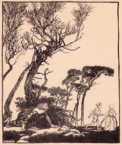 Ze kroop hen stiekem achterna, zoals heksen kruipen. Illustratie door Arthur Rackham uit Grimm