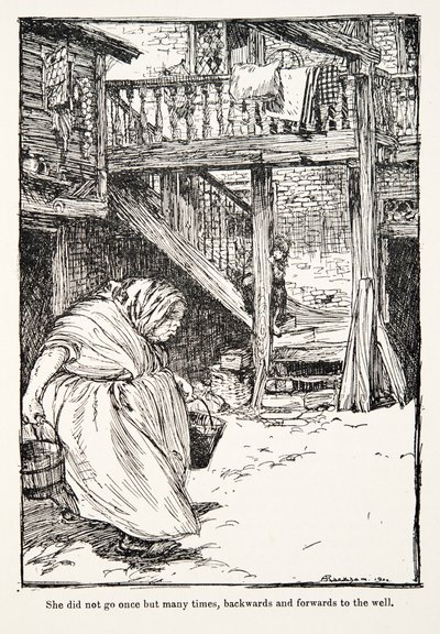 Ze ging niet één keer maar vele keren, heen en weer naar de put, uit De Sprookjes van de Gebroeders Grimm, pub. 1909 door Arthur Rackham