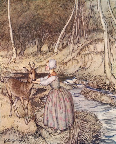 Ze deed haar gouden kousenband af en deed het om de nek van de Ree. Illustratie door Arthur Rackham uit Grimm