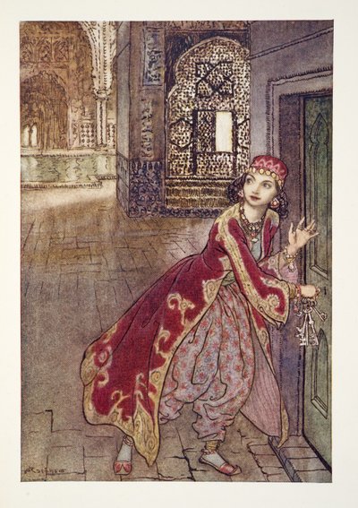 Ze nam toen de kleine sleutel en opende de deur, trillend, uit Het Arthur Rackham Sprookjesboek, uitgegeven 1933 door Arthur Rackham