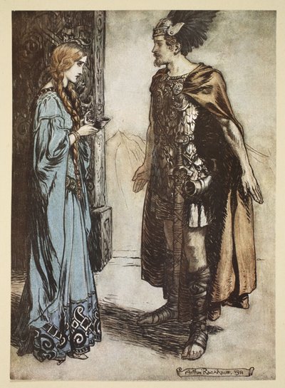 Siegfried geeft de drinkhoorn terug aan Gutrune en kijkt haar plotseling gepassioneerd aan, illustratie uit 