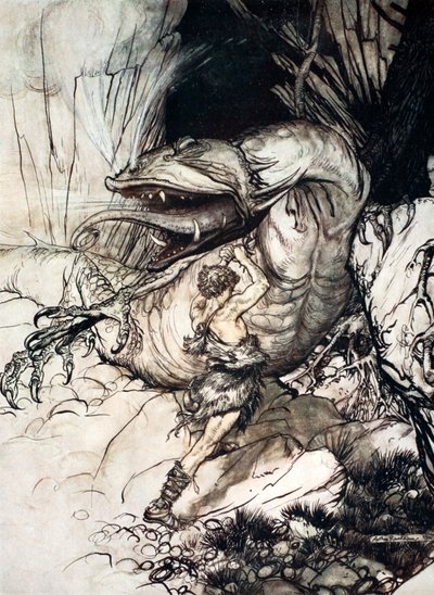 Siegfried doodt Fafner door Arthur Rackham