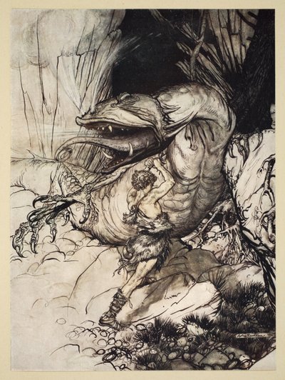 Siegfried doodt Fafner, illustratie uit 