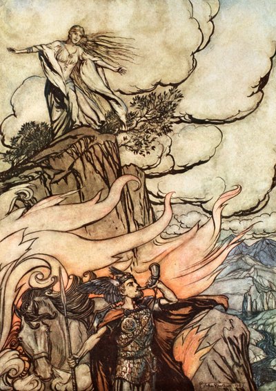 Siegfried verlaat Brunnhilde op zoek naar avontuur door Arthur Rackham