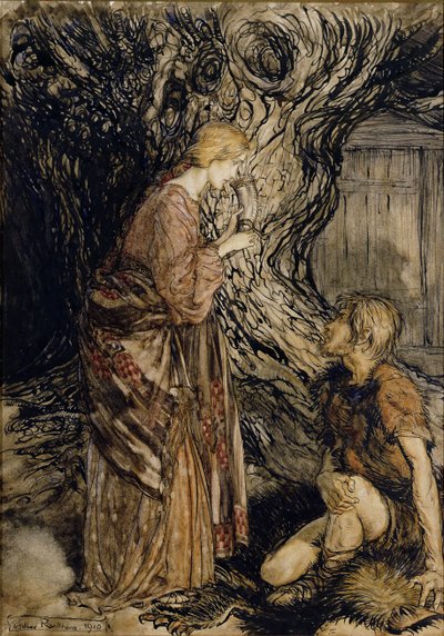 Siegmund en Sieglinde, Illustratie uit Rijnland en de Walkuren door Richard Wagner, Heinemann, 1910 door Arthur Rackham