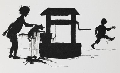 Silhouet van een jongen die een kat uit een put trekt door Arthur Rackham