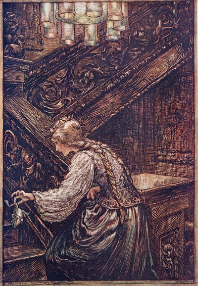 Dus pakte ze hem met twee vingers en droeg hem naar boven, uit De Sprookjes van de Gebroeders Grimm, pub. 1909 door Arthur Rackham