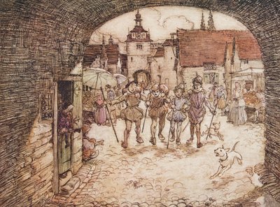 Dus de vier broers namen hun stokken in hun handen, namen afscheid van hun vader en verlieten de stadspoort, uit De Sprookjes van de Gebroeders Grimm, uitgegeven 1909 door Arthur Rackham