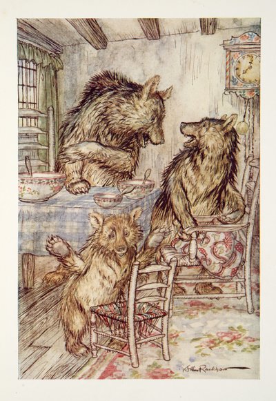 Iemand heeft in mijn stoel gezeten en heeft de bodem eruit gezeten! zei de Kleine, Kleine, Kleine Beer, uit The Arthur Rackham Fairy Book, gepubliceerd 1933 door Arthur Rackham
