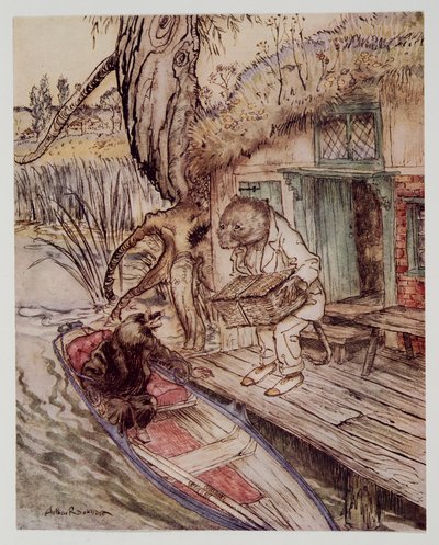 Leg dat onder je voeten, merkte hij op tegen de Mol, terwijl hij in de boot stapte, uit Wind in the Willows van Kenneth Grahame, pub. 1940 door Arthur Rackham