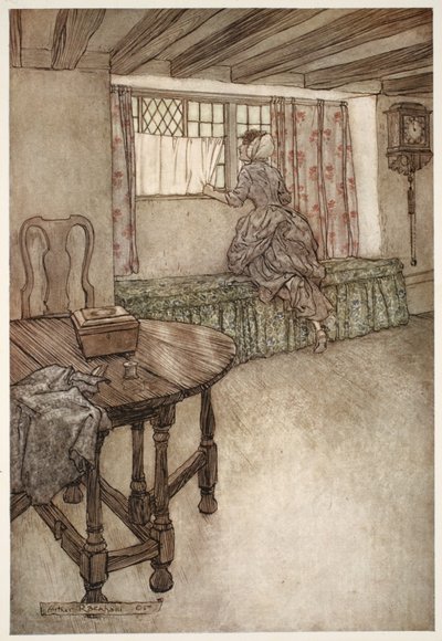 Vreemde namen stonden boven de deuren - vreemde gezichten bij de ramen - alles was vreemd., uit Rip Van Winkle door Washington Irving, pub. 1910 door Arthur Rackham