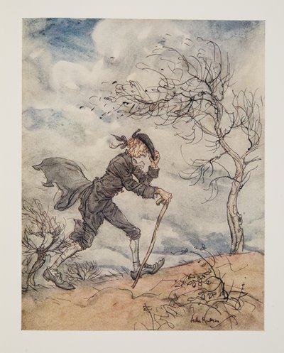 Langs het profiel van een heuvel op een winderige dag, uit De Legende van Sleepy Hollow door Washington Irving (1783 - 1859), pub. 1928 door Arthur Rackham