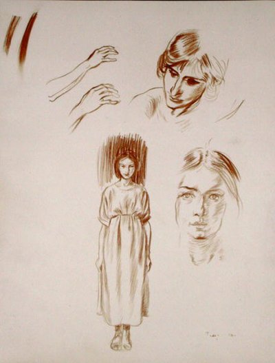Studies van een vrouw, gezichten en handen door Arthur Rackham