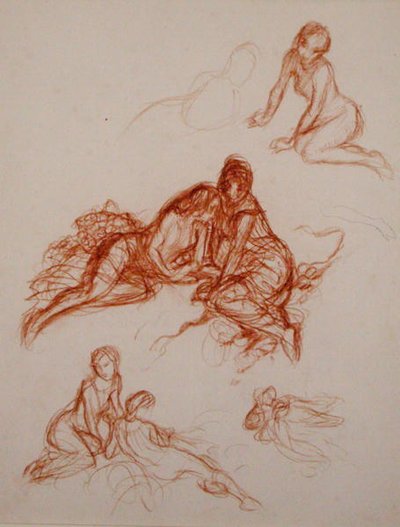 Studies van meisjes zittend op het gras door Arthur Rackham