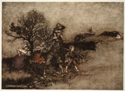 Omringd door een troep kinderen., uit Rip Van Winkle door Washington Irving, pub. 1910 door Arthur Rackham