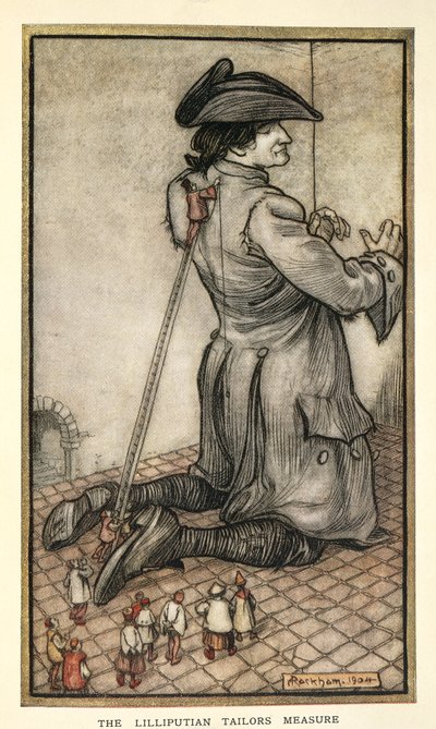 Kleermakers van Lilliput meten Gulliver, illustratie uit Gulliver
