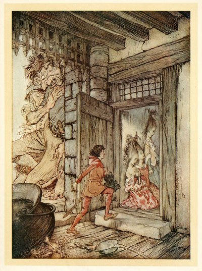 Het nemen van de sleutels van het kasteel, Jack ontgrendelde alle deuren, uit Engelse sprookjes door Arthur Rackham