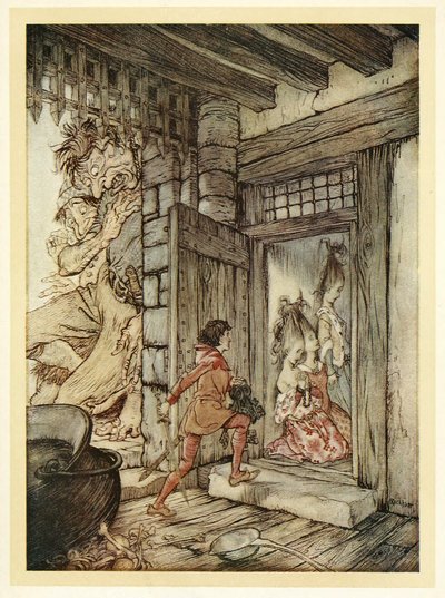 De sleutels van het kasteel nemen, Jack opende alle deuren, uit Engelse sprookjes, pub. 1922 door Arthur Rackham