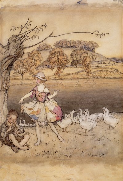 Tattercoats dansen terwijl de ganzenhoeder fluit, illustratie uit Engelse sprookjes, herverteld door F.A. Steel, gepubliceerd 1918 door Arthur Rackham