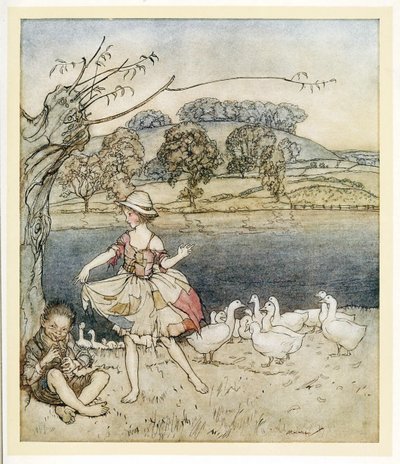 Tattercoats dansen terwijl de ganzenhoeder fluit, uit Engelse sprookjes, pub. 1922 door Arthur Rackham