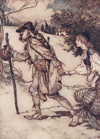 De bedelaar nam haar bij de hand en leidde haar weg, uit De Sprookjes van de Gebroeders Grimm, pub. 1909 door Arthur Rackham