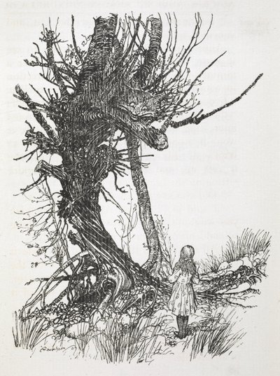 De Cheshire Cat in een boom die naar Alice kijkt door Arthur Rackham