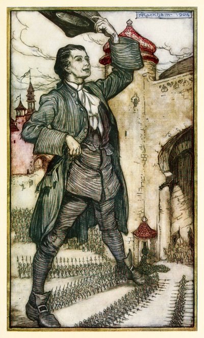 De keizer van Lilliput inspecteert zijn troepen, uit Deel I: Een reis naar Lilliput in Gullivers Reizen door Jonathan Swift door Arthur Rackham