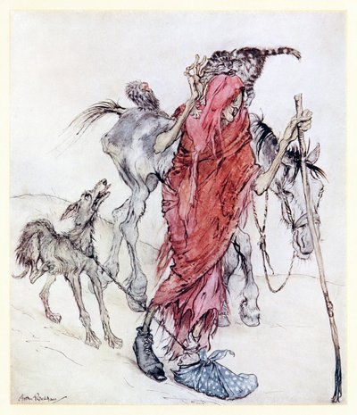 De heks van de molen was een benige, dunne paal van een heks met vreemde voeten, uit Mongans razernij in Ierse sprookjes door Arthur Rackham