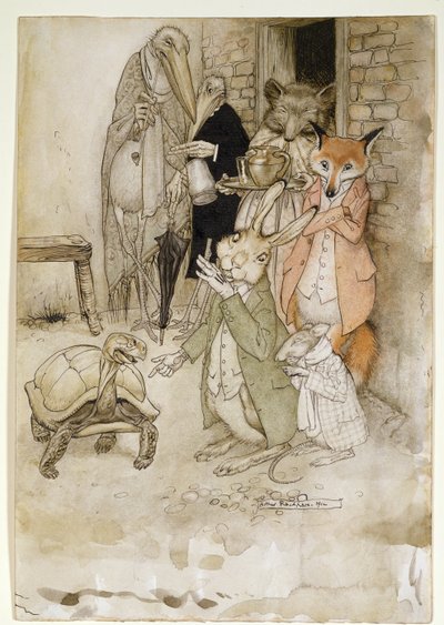 De Haas en de Schildpad, illustratie uit Aesops Fabels, uitgegeven door Heinemann, 1912 door Arthur Rackham