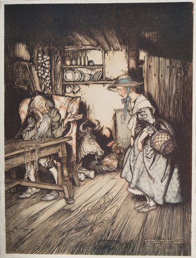 De Hut in het Bos, uit Broertje & Zusje en Andere Verhalen van de Gebroeders Grimm, pub.1917 door Arthur Rackham