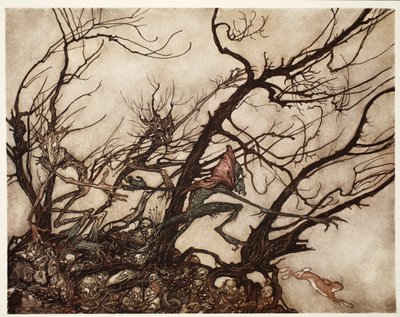 De Indianen beschouwden hen als de woonplaats van geesten., uit Rip Van Winkle door Washington Irving, uitgegeven 1910 door Arthur Rackham