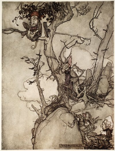 De Kaatsberg of Catskill bergen zijn altijd een regio vol fabels geweest., uit Rip Van Winkle door Washington Irving, uitgegeven 1910 door Arthur Rackham