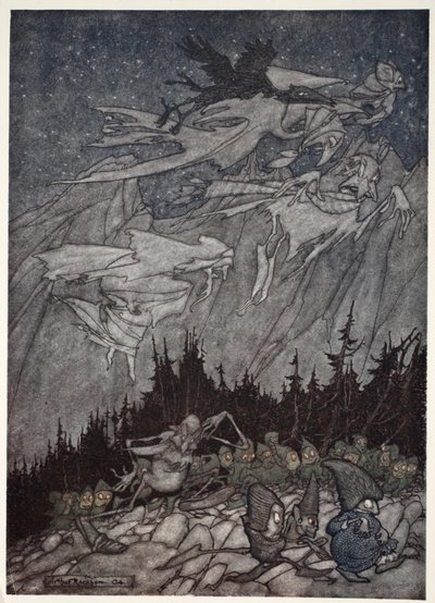 De Kaatskill bergen waren altijd bewoond door vreemde wezens., uit Rip Van Winkle door Washington Irving, uitgegeven 1910 door Arthur Rackham
