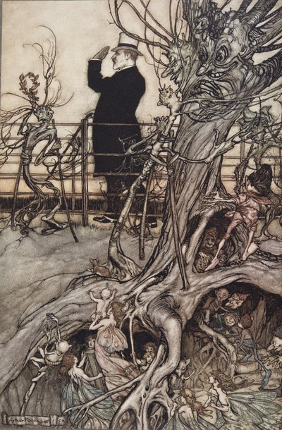 De Kensington Gardens zijn in Londen, waar de Koning woont, uit Peter Pan in Kensington Gardens door J M Barrie, uitgegeven 1906 door Arthur Rackham