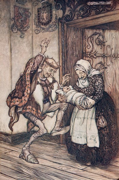 De koning kon zijn vreugde niet bedwingen, uit De Sprookjes van de Gebroeders Grimm, pub. 1909 door Arthur Rackham
