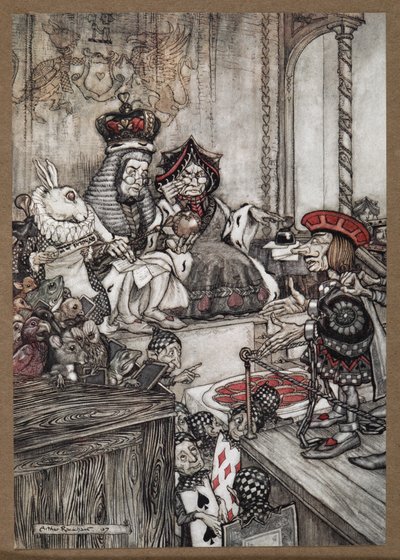 De Hartenboer in de beklaagdenbank voor de Koningin en Koning van Harten beschuldigd van het stelen van de taartjes door Arthur Rackham
