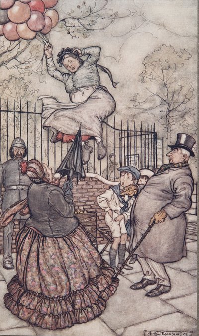 De dame met de ballonnen, die net buiten zit, uit Peter Pan in Kensington Gardens door J M Barrie (1860 - 1937), pub. 1906 door Arthur Rackham