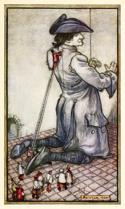 De Lilliputische kleermakers meten Gulliver voor een nieuw pak, uit Deel I: Een reis naar Lilliput in Gullivers Reizen door Jonathan Swift door Arthur Rackham
