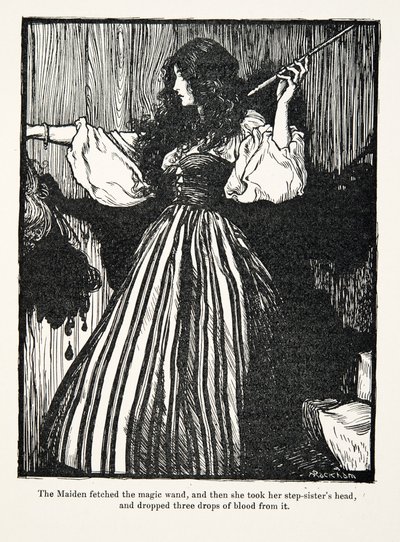 Het meisje haalde de toverstok, en toen nam ze het hoofd van haar stiefzus en liet er drie druppels bloed uit vallen, uit De Sprookjes van de Gebroeders Grimm, uitgegeven 1909 door Arthur Rackham