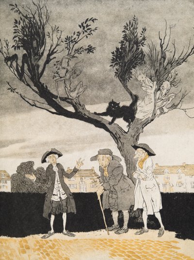 De mannen van Sleepy Hollow (binnenomslag), uit De Legende van Sleepy Hollow door Washington Irving (1783 - 1859), pub. 1928 door Arthur Rackham