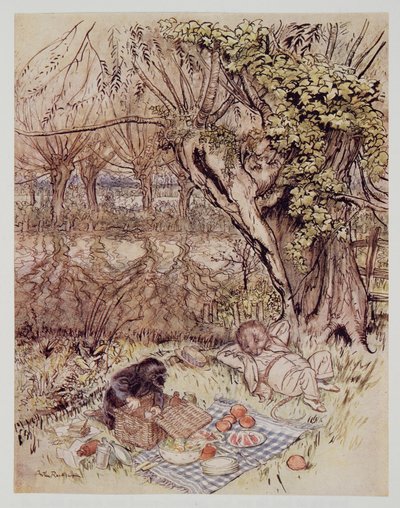 De Mol smeekte als een gunst om alles zelf uit te mogen pakken, uit Wind in the Willows van Kenneth Grahame, pub. 1940 door Arthur Rackham