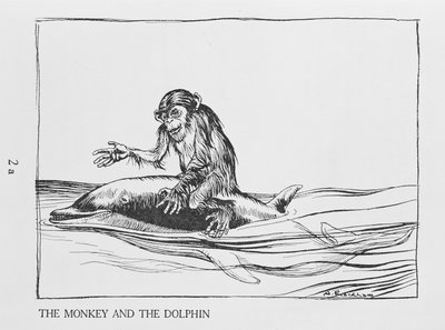 De Aap en de Dolfijn, illustratie uit Aesops Fabels, uitgegeven door Heinemann, 1912 door Arthur Rackham
