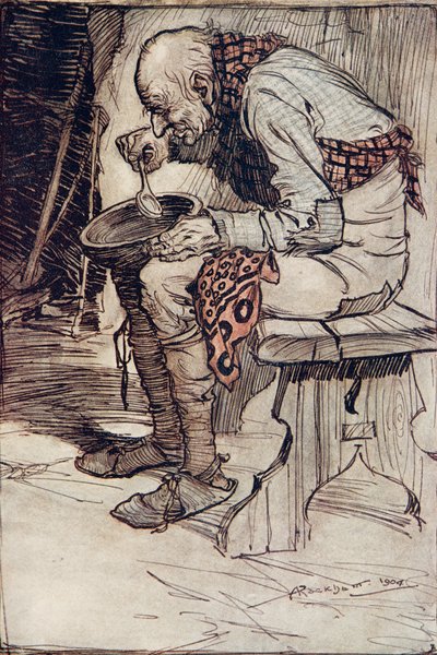 De oude man moest alleen zitten en at zijn eten uit een houten kom, uit De Sprookjes van de Gebroeders Grimm, uitgegeven 1909 door Arthur Rackham